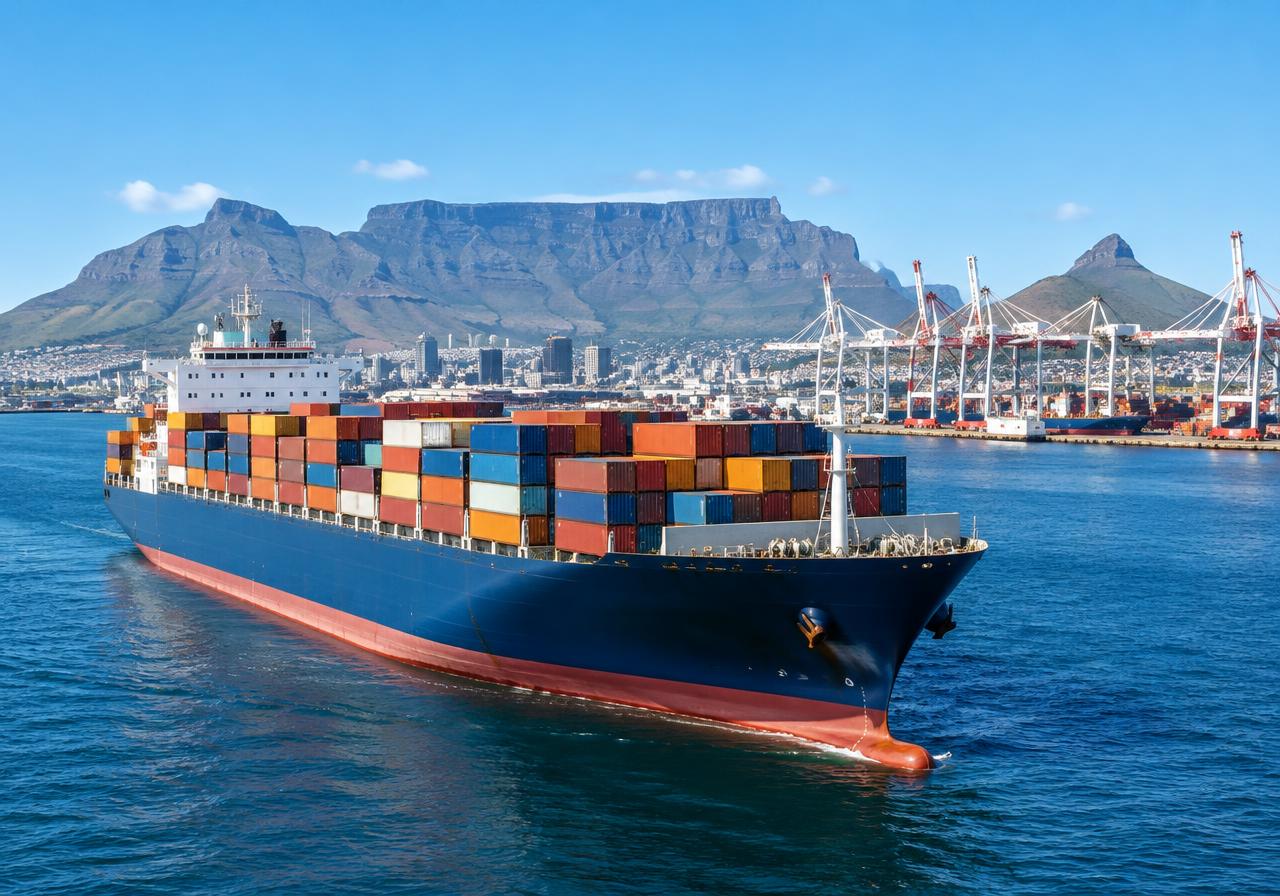 Container ship transporting freight through Cape Town harbour